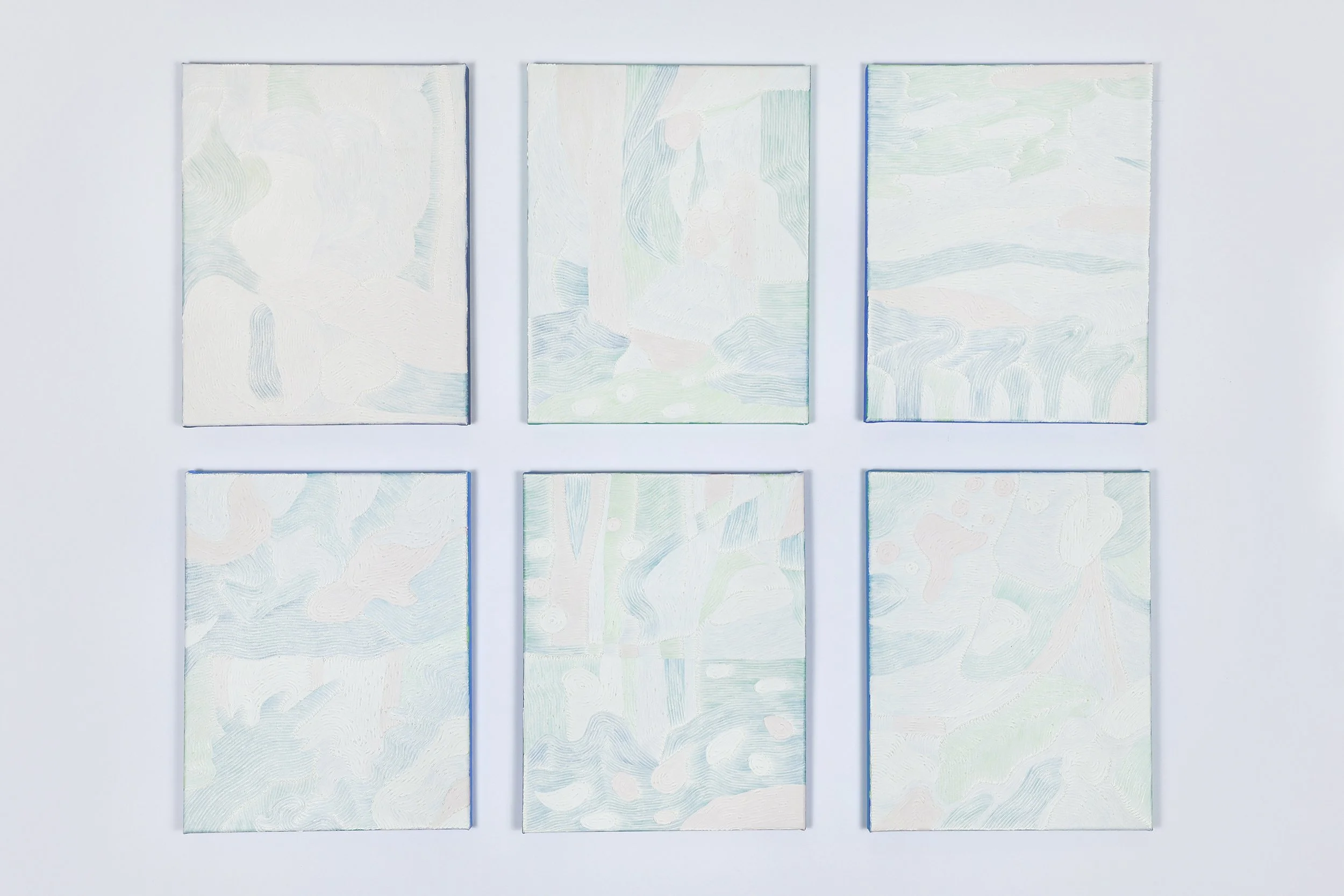 Autumn Equinox《療癒計畫——秋分》,
2023,
oil and acrylic on canvas (6 pieces),
each 35.56 x 27.94 cm (14 x 11 in.)