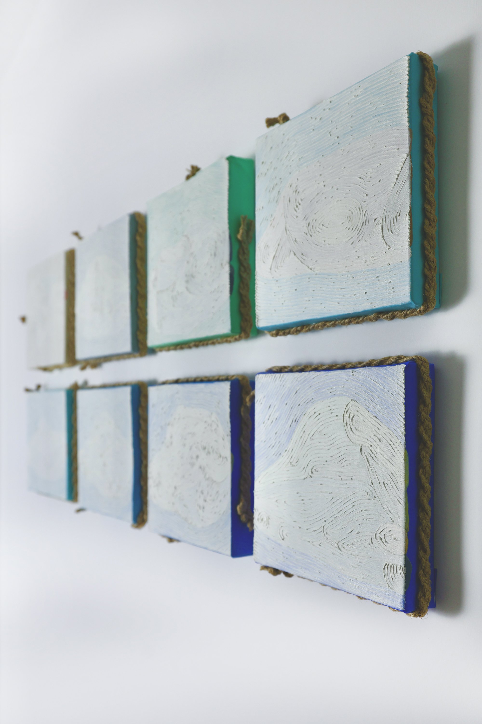 Grain Buds《療癒計畫——小滿》,
2025,
twisted rope (attached to side), oil and acrylic on canvas (8 pieces),
each 20 x 20 cm (7.87 x 7.87 in.)