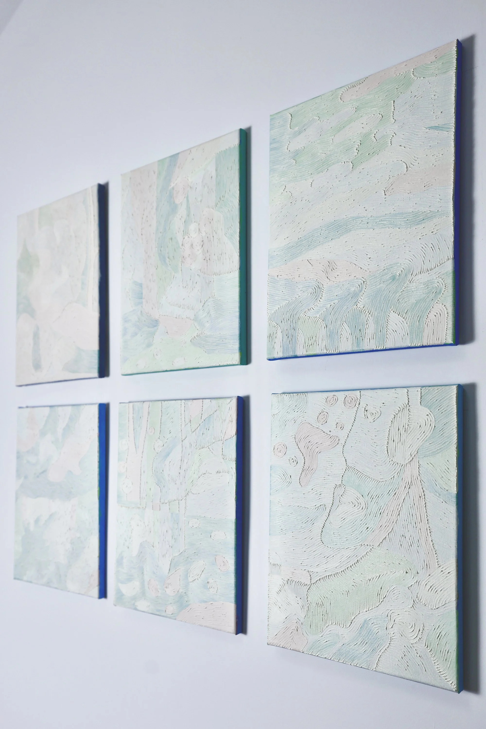 Autumn Equinox《療癒計畫——秋分》,
2023,
oil and acrylic on canvas (6 pieces),
each 35.56 x 27.94 cm (14 x 11 in.)