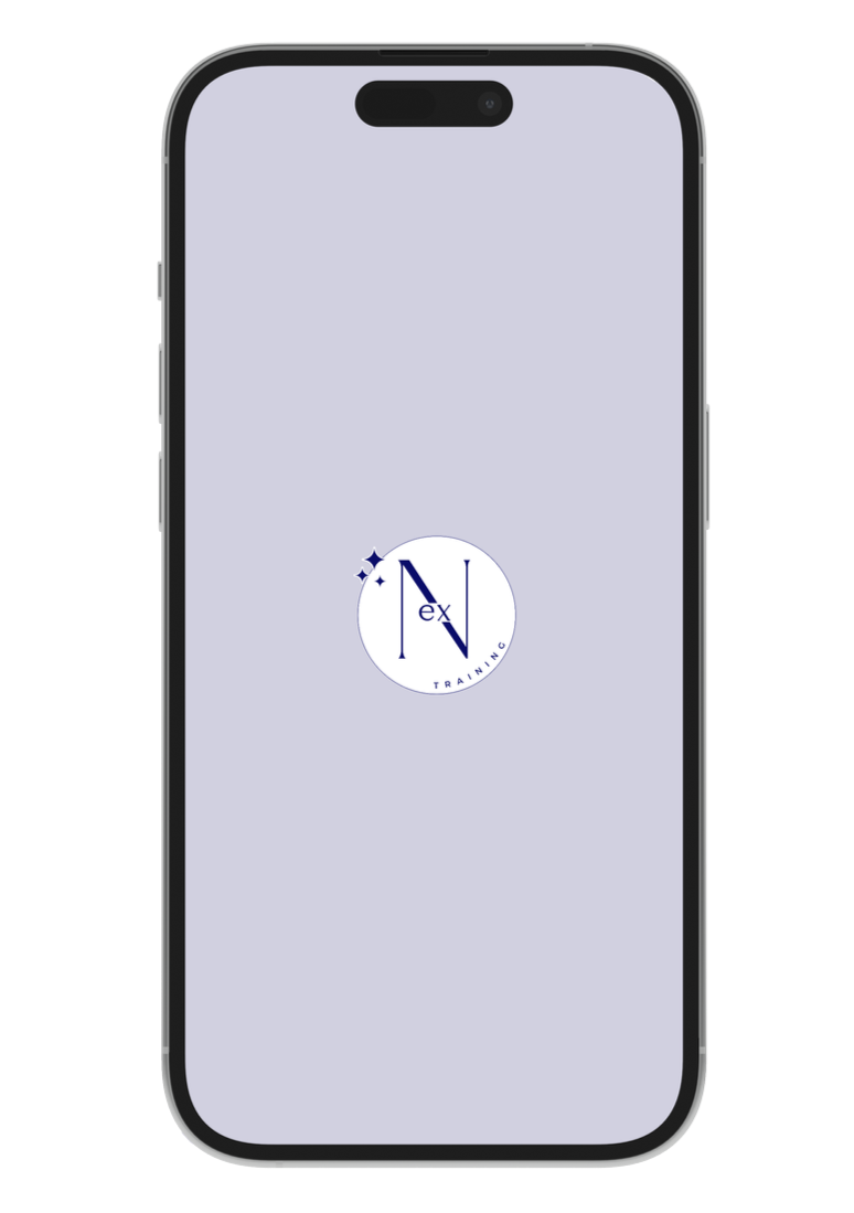 Smartphone displaying a logo for NEXT Training with a circular design, dark blue text, and a three-star spark icon.