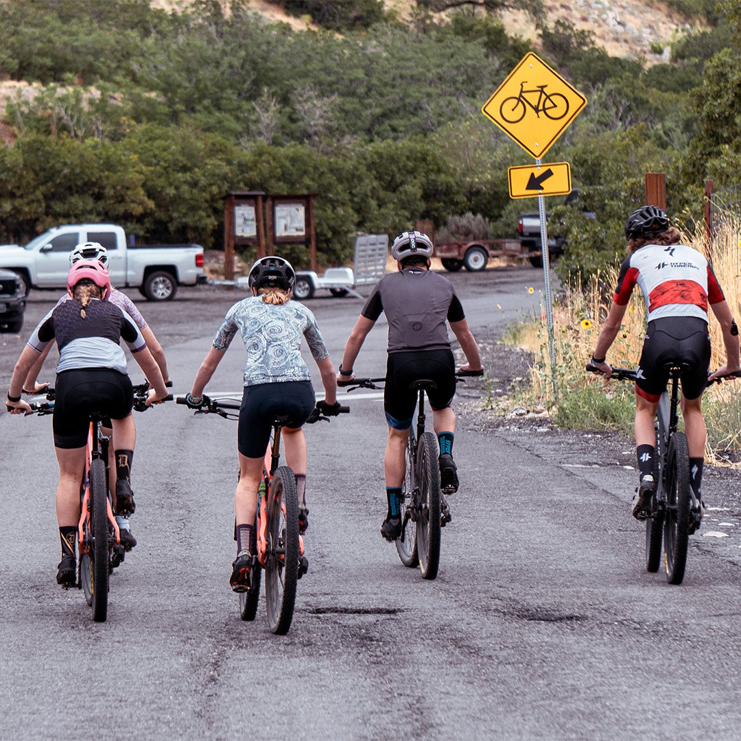 Four cyclists riding on a road towards a bike path sign in a rural area.
