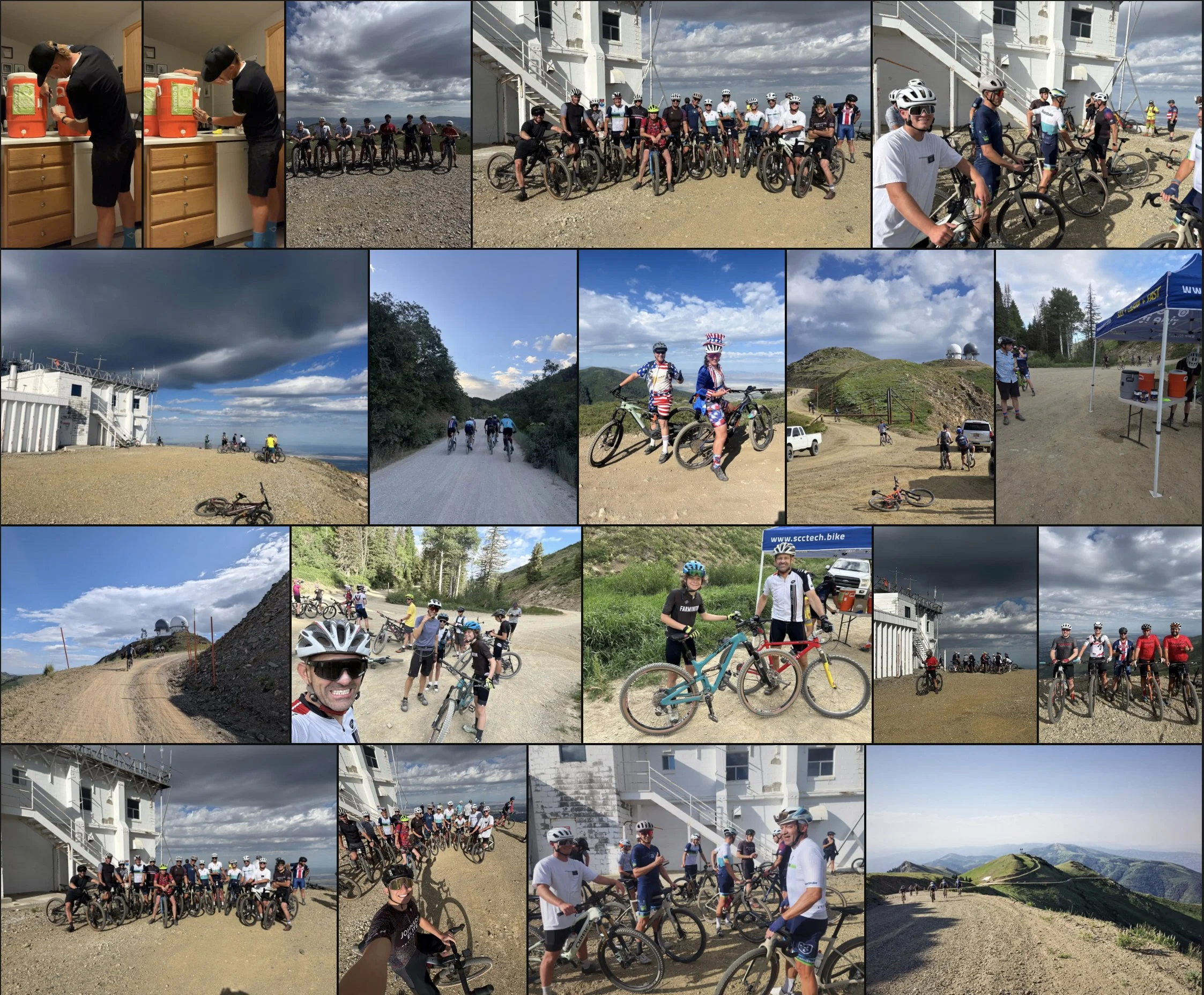 A collage of photos showing a group of cyclists at a scenic outdoor location with mountainous terrain, cloudy sky, and a building with a white exterior. The group is seen riding, posing with their bikes, and socializing, with some wearing helmets and cycling gear. Other photos include a cloudy sky over a beach, a lighthouse, and people gathered under a tent.