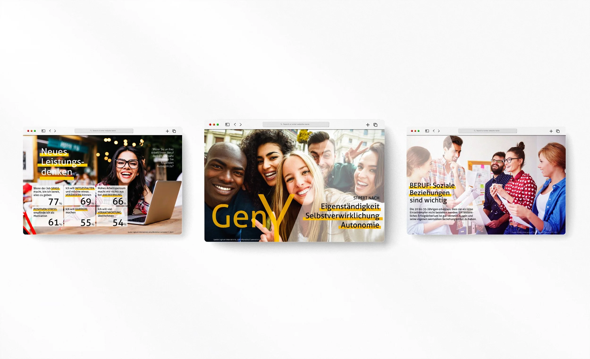 Drei Präsentationsfolien, die die Gen Y beschreiben mit Fotos