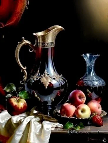 Caraffe in cristallo di Boemia e frutta su tavolo con tovaglia, olio su tela cm40x30, 2024