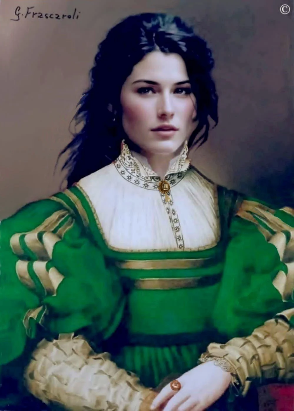 GIOVANE DONNA COL VESTITO COME L'HA DIPINTO IL BRONZINO NEL RITRATTO DI SIGNORA IN VERDE olio su tela cm 70 x 50, 2024