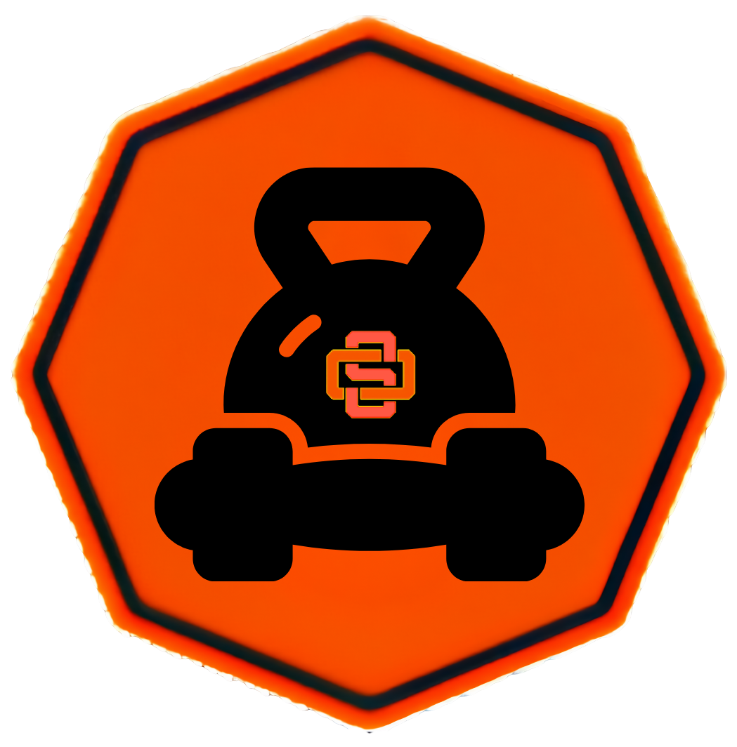 A bright orange hexagonal warning sign with a black kettlebell symbol in the center, featuring a stylized 'S' logo inside the kettlebell.