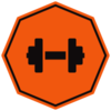 Orange octagonal sign with a black dumbbell symbol in the center