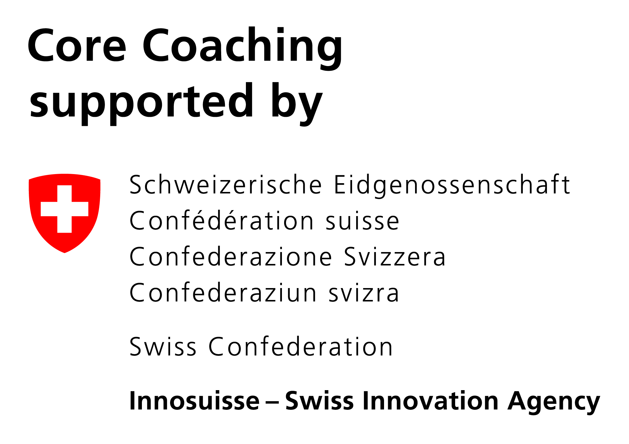 Text stating 'Core Coaching supported by Schweizerische Eidgenossenschaft, Confédération suisse, Confederazione Svizzera, Confederaziun svizra, Swiss Confederation, Innouisse - Swiss Innovation Agency' with a red shield symbol containing a white cross.