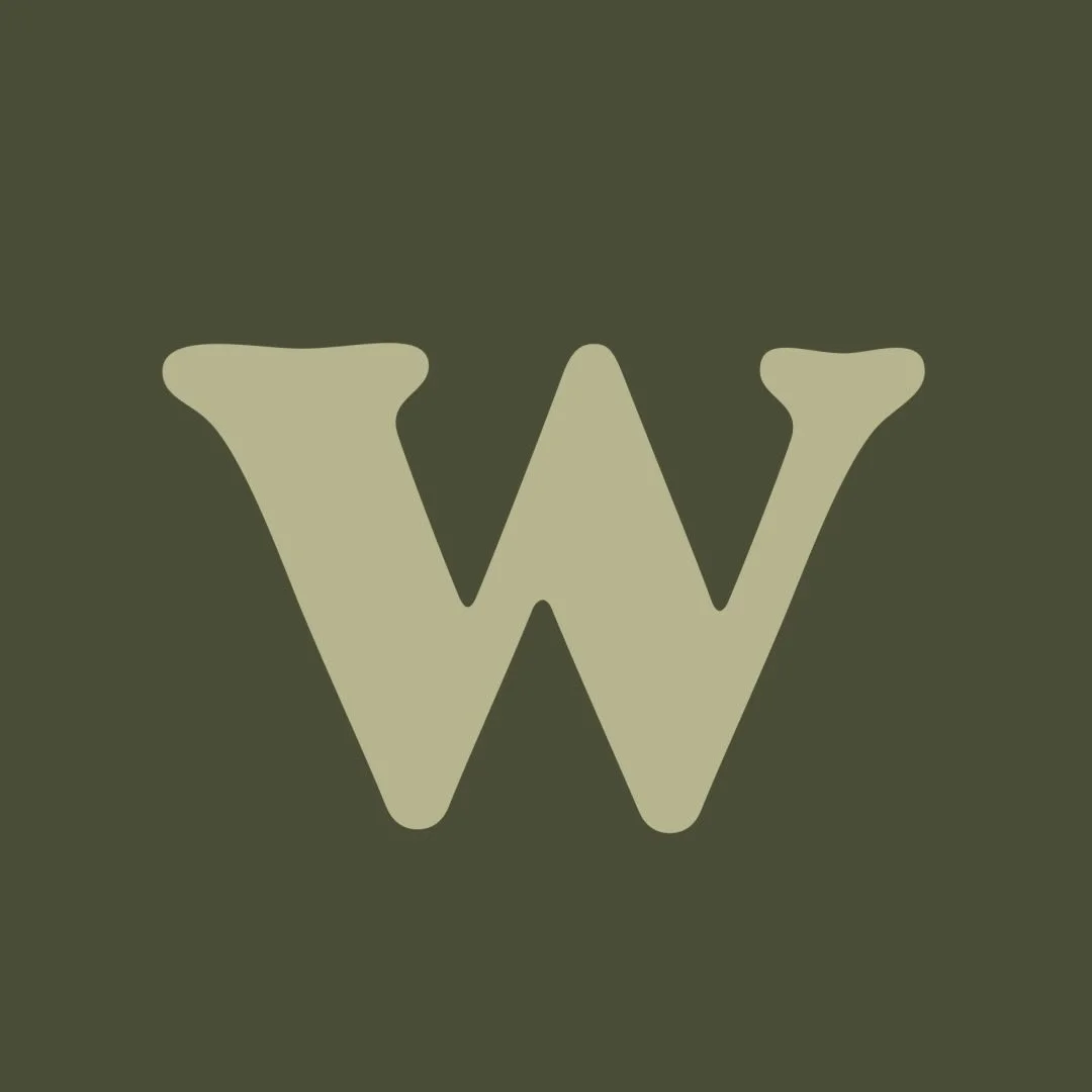 A stylized capital letter W in beige color on a dark green background.