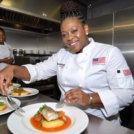Chef smiling and plating food in a professional kitchen, with other chefs in background.