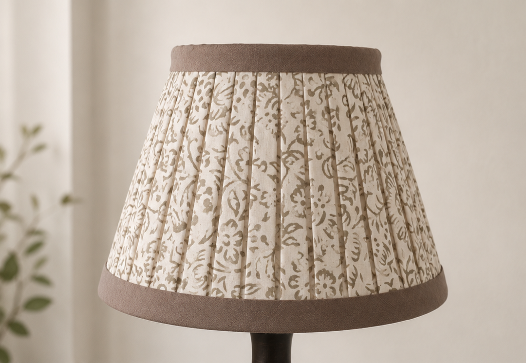 Double Pleated Lampshade – Muted Olive Block Print