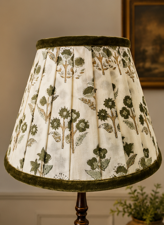 Double Pleated Lampshade- Olive Green Block Print