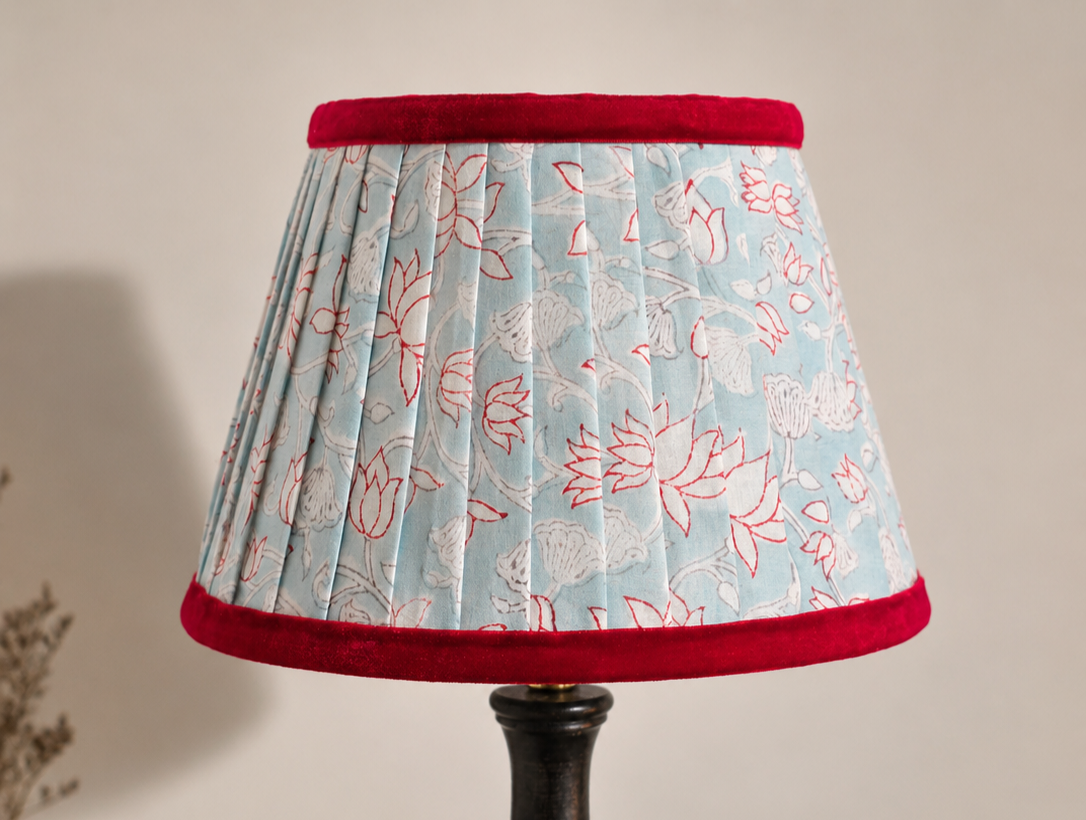 Double Pleated Lampshade – Blue and Red Block Print