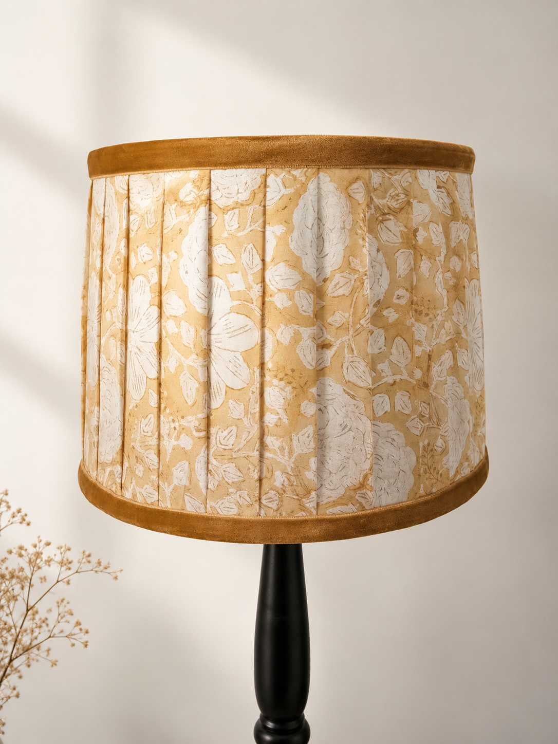 Double Pleated Lampshade- Soft Yellow Block Print