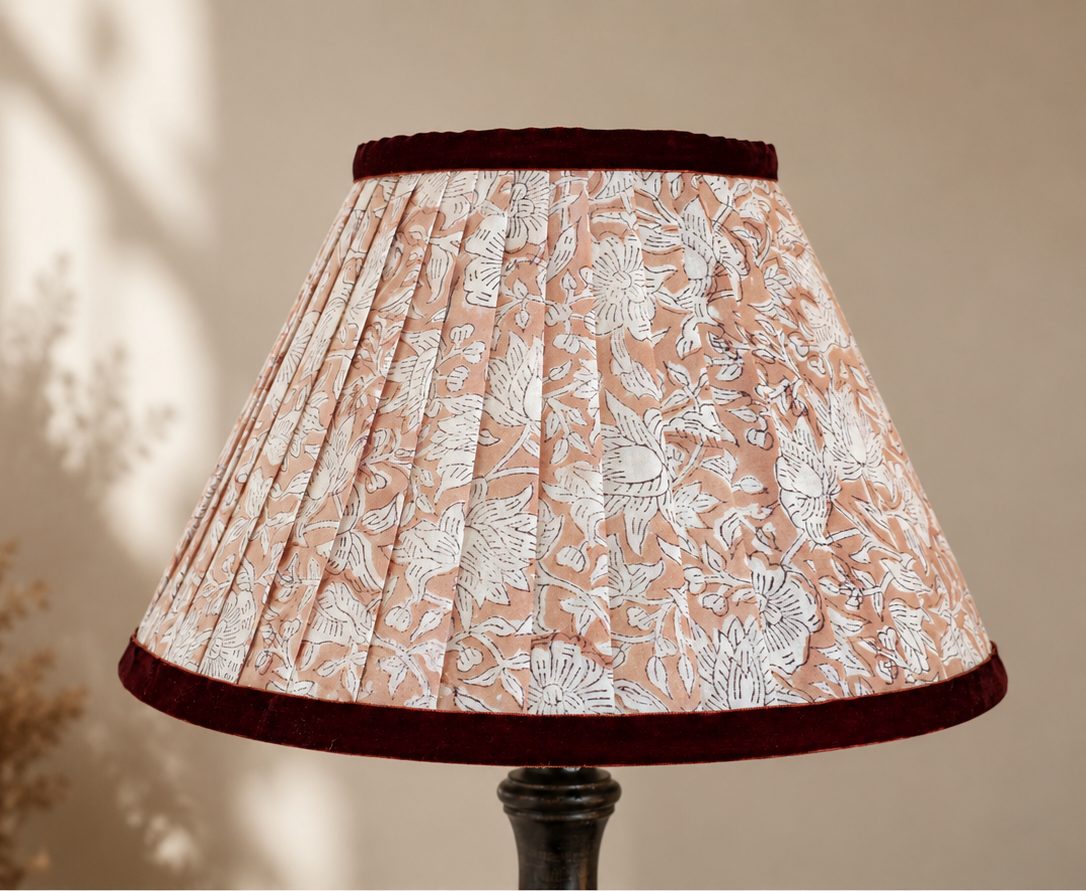 Double Pleated Lampshade – Light Brown Block Print