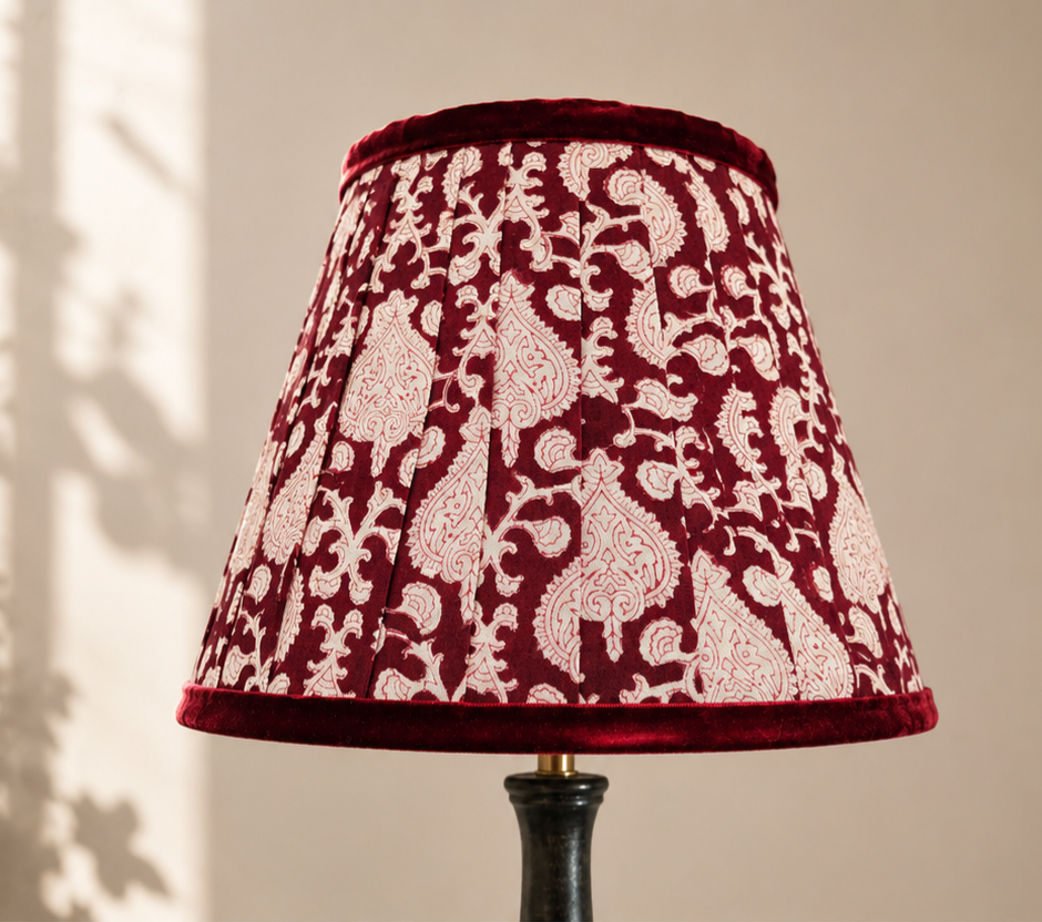 Double Pleated Lampshade – Dark Red Block Print