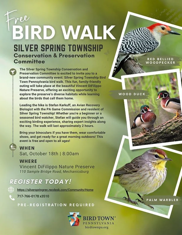 One of the benefits of municipalities becoming Bird Towns is that there are more bird walks to enjoy! Please check out this offering from Silver Spring Township. If your municipality is not a Bird Town, consider the difference you could make. Bringin