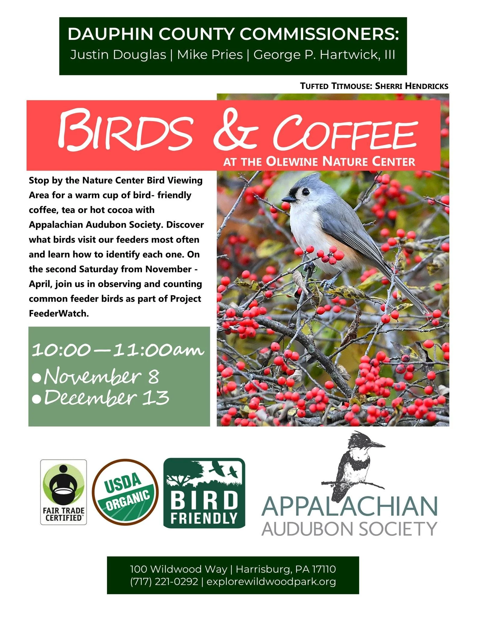 Join us tomorrow, November 8th, for Birds &amp; Coffee inside the Olewine Nature Center at Wildwood Park. We will continue to partner with Dauphin County Parks &amp; Recreation to host this event on the second Saturday of each month through April, 20