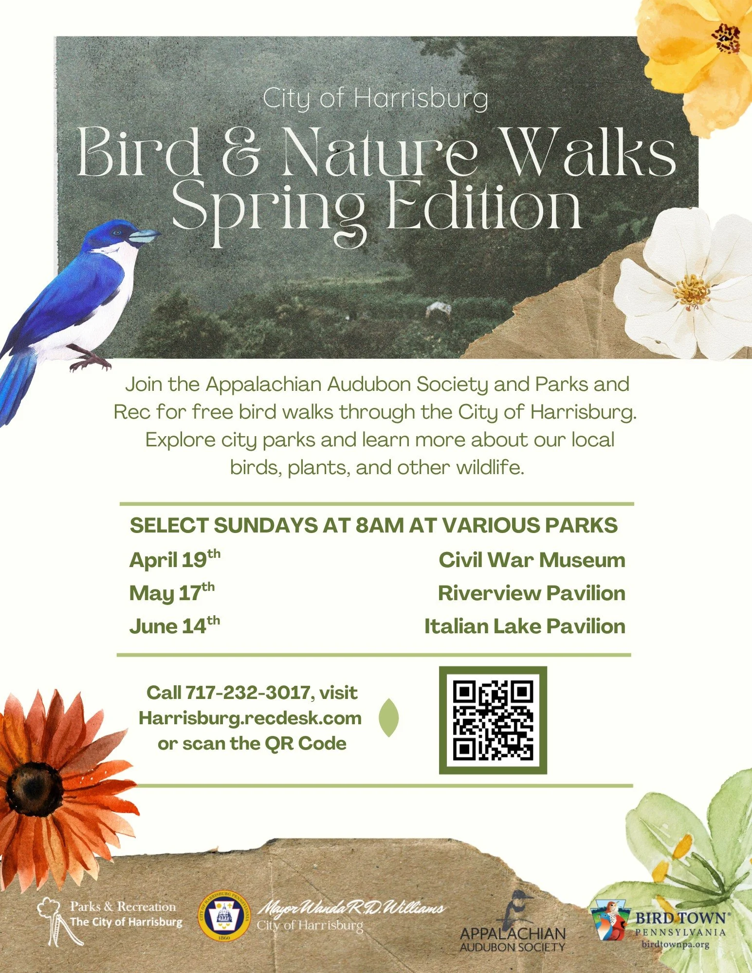 The City of Harrisburg's Bird Town committee, in partnership with Appalachian Audubon Society and @hbg_parksandrec will hold three bird walks this spring at different city parks. Please register through one of the options indicated in the flyer. We h