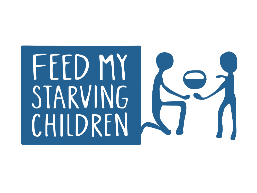 Illustration of two figures handing over a bowl, next to a sign that says "Feed My Starving Children."