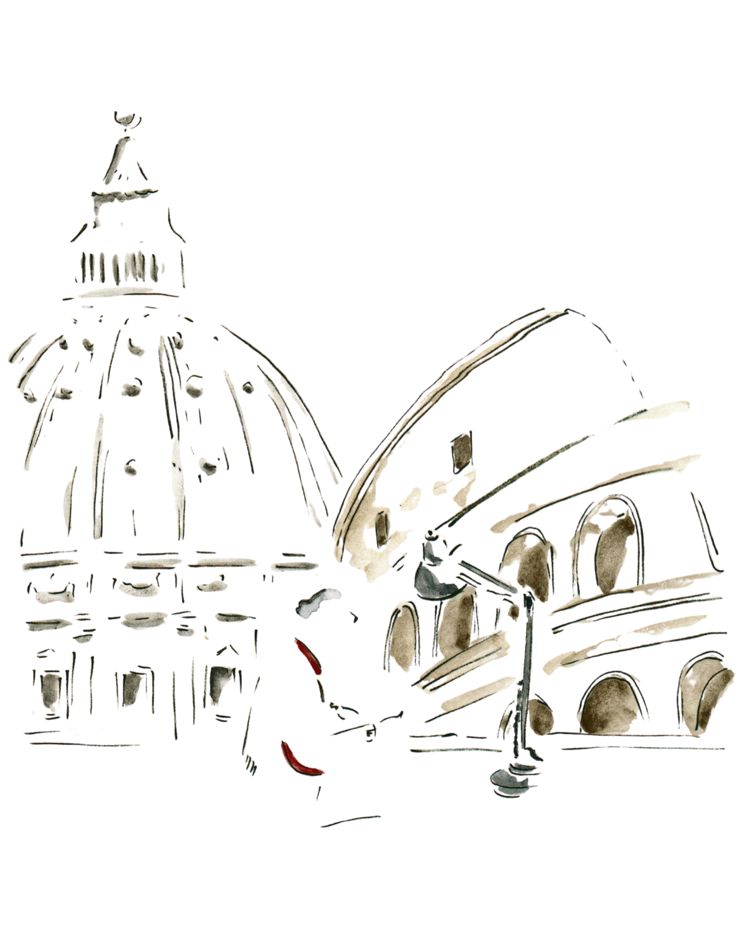 Illustrazione di edifici storici con cupola e archi di stile classico, con un lampione in primo piano.