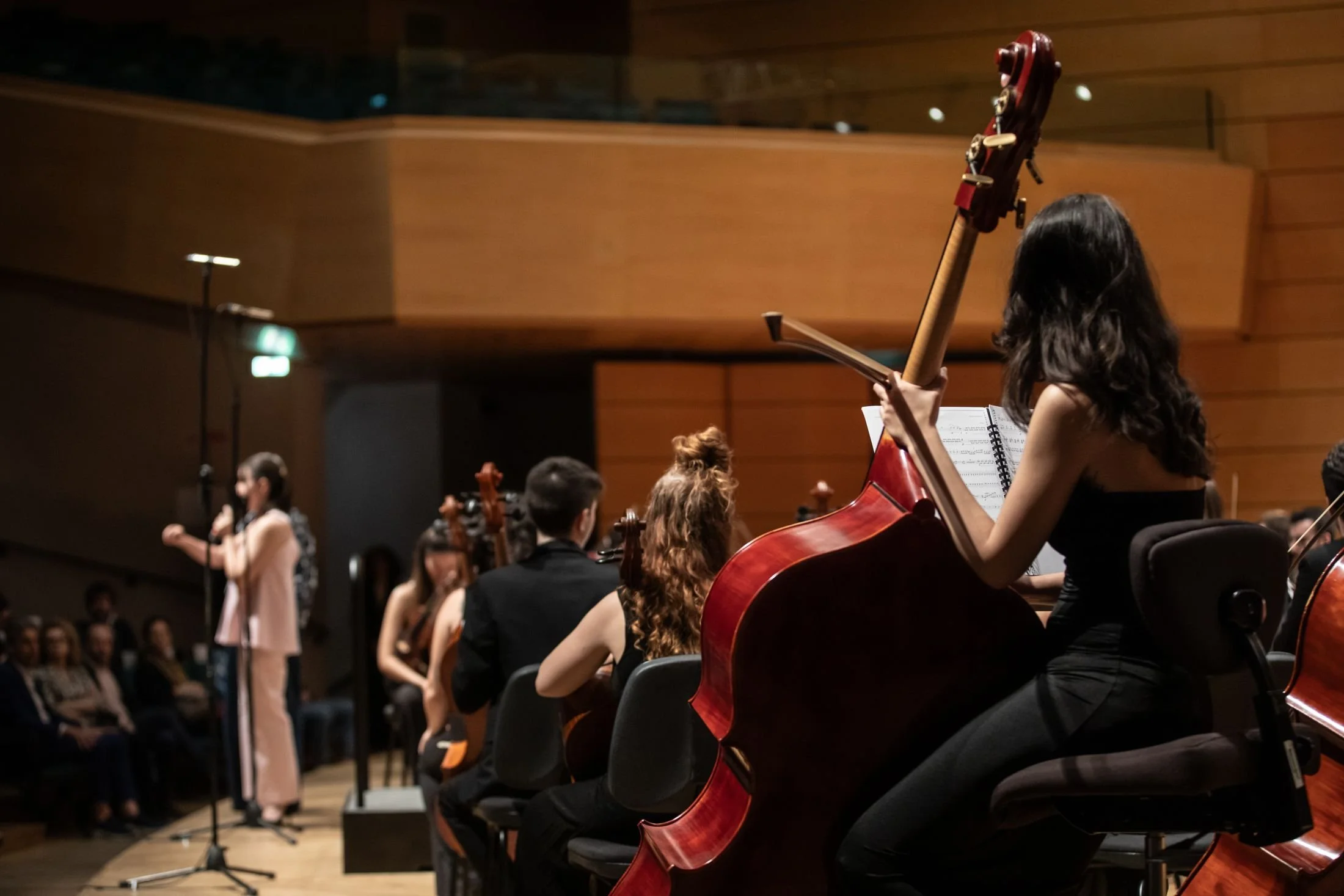 Orchestra che suona in un teatro con un pubblico, una violoncellista con capelli riccicca neri si concentra sulla musica mentre suona, sullo sfondo altri musicisti e pubblico.