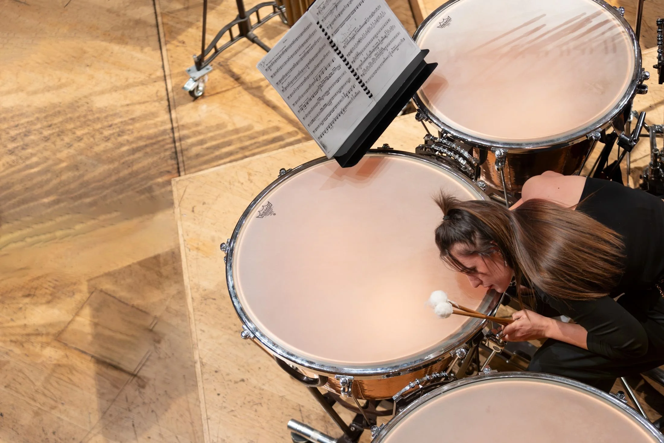 Una donna con capelli castani chiusi, vestita di nero, sta suonando i timpani in una sala da concerto. Davanti a lei c'è una partitura musicale appoggiata su un supporto. Il suono dei timpani crea un'ombra sulla superficie di legno del tamburo.