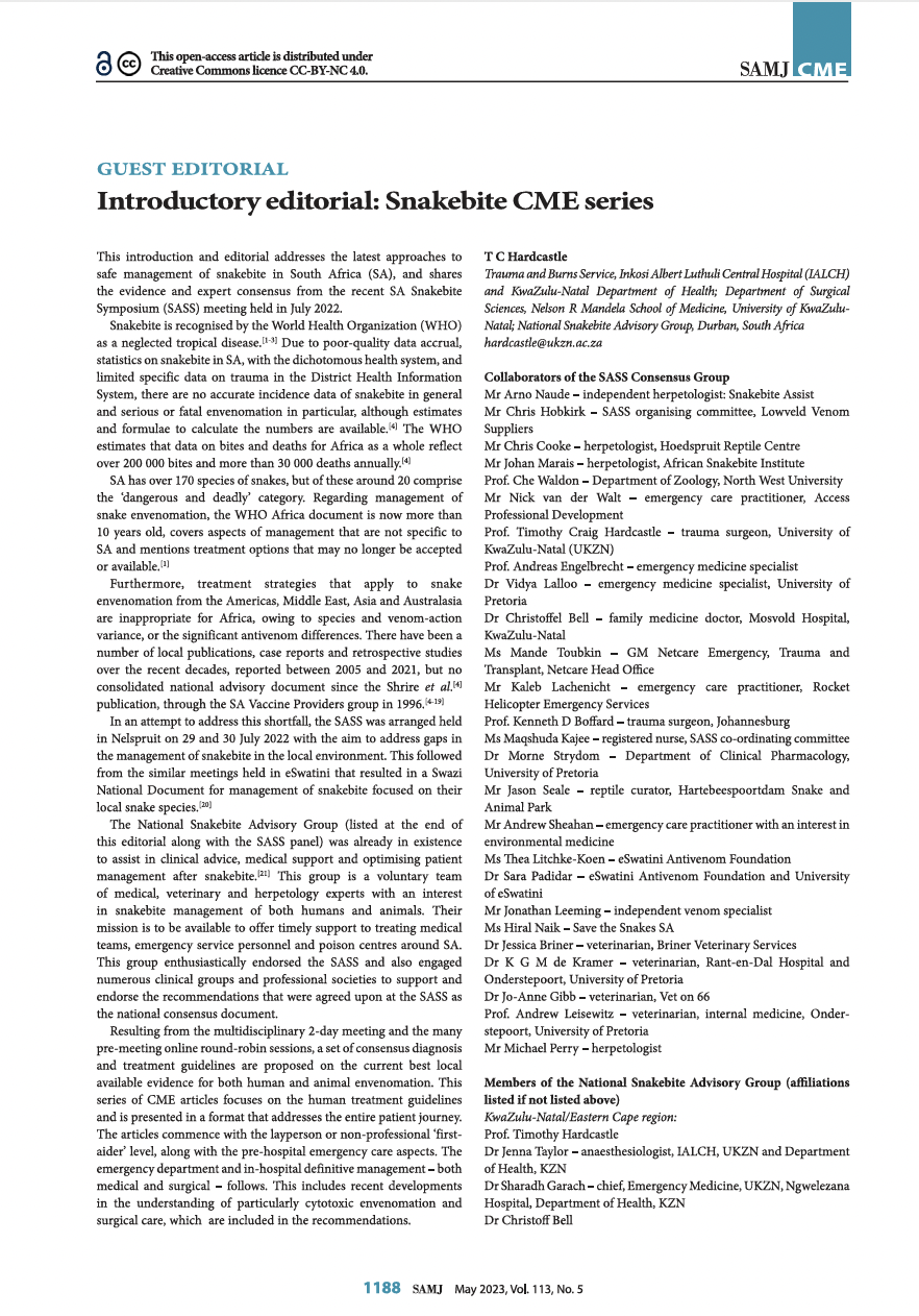 Introductory editorial: Snakebite CME series, SAMJ, S. Afr. med. j. vol.113 n.5 Pretoria May. 2023 http://dx.doi.org/10.7196/SAMJ.2023.v113i5.1018  