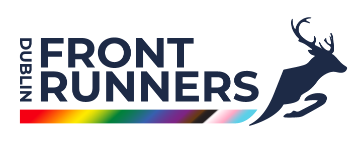 Logo of Dublin Front Runners featuring a leaping deer silhouette and a rainbow stripe.