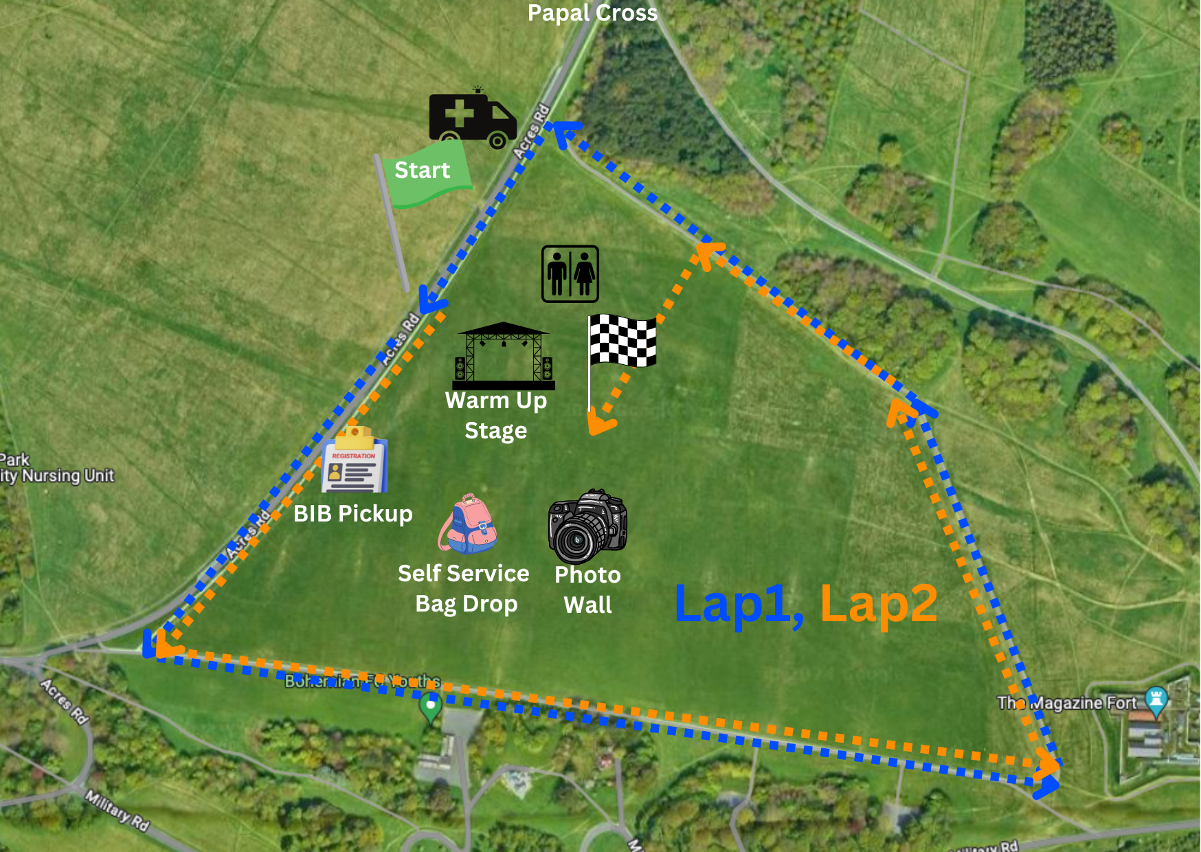 Map of a racecourse layout with starting point, BIB pickup, self-service bag drop, warm-up stage, and photo wall. Two laps are indicated with blue and orange lines. Features include restroom icons, a finish flag, and an ambulance icon. Located near Papal Cross and Magazine Fort.