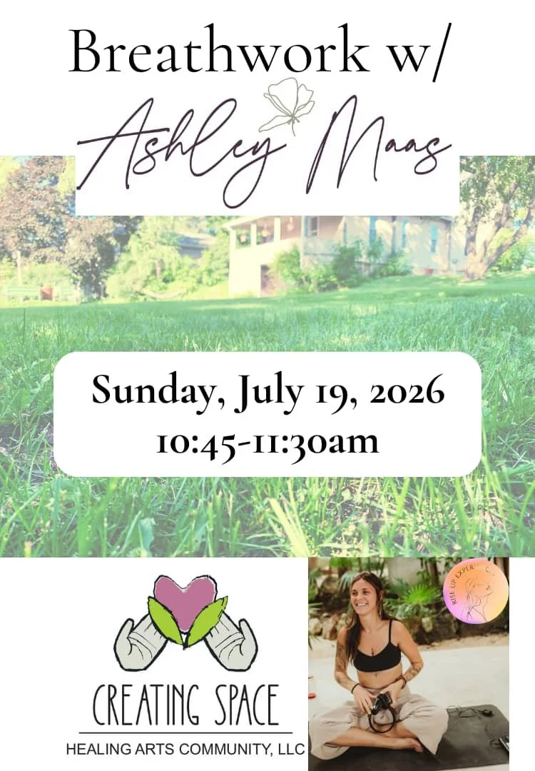 Flyer for a breathwork session with Ashley Maag, scheduled for Sunday, July 19, 2026, from 10:45 to 11:30 am. The flyer features a background of grass and a house, a logo with hands holding a heart, and a photo of a smiling woman sitting outdoors.