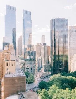 City skyline with tall skyscrapers, some with glass facades, and a green park in the foreground.