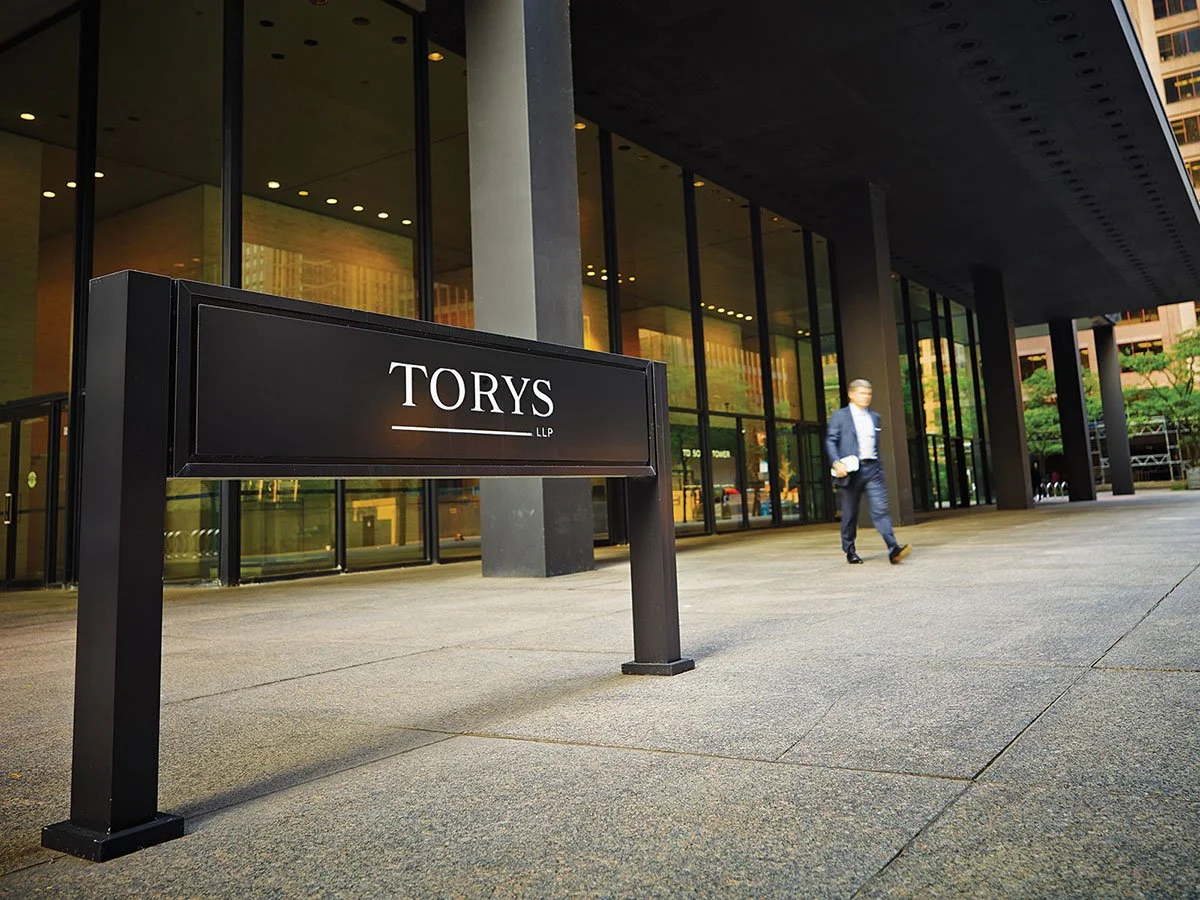 Monument sign of Torys LLP at the Toronto Dominion Centre in Downtown, Toronto.