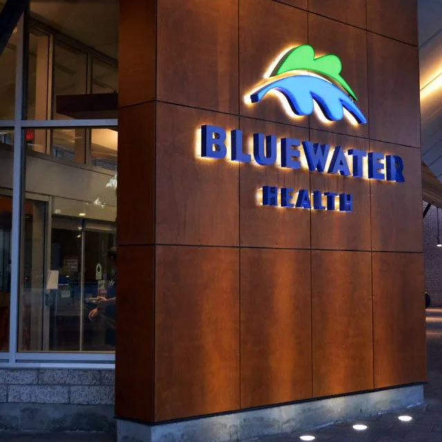 Illuminated Logo at Bluewater Health in Sarnia, Ontario
