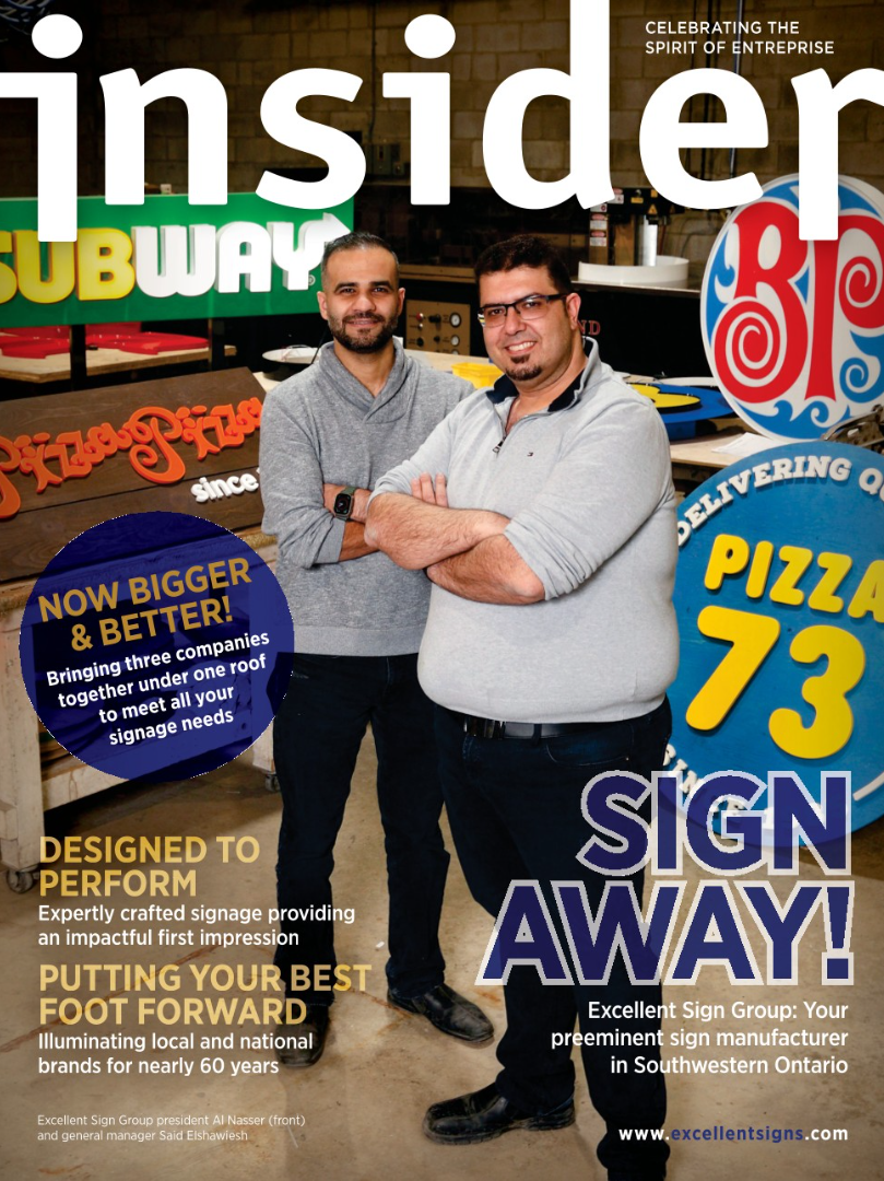 Image of Al Nasser, President of Excellent Sign Group, and Said Elshawiesh, Managing Director of Excellent Sign Group, on the cover of Insider Magazine. This is a promotional magazine for the Excellent Sign Group and it features its biggest clients.
