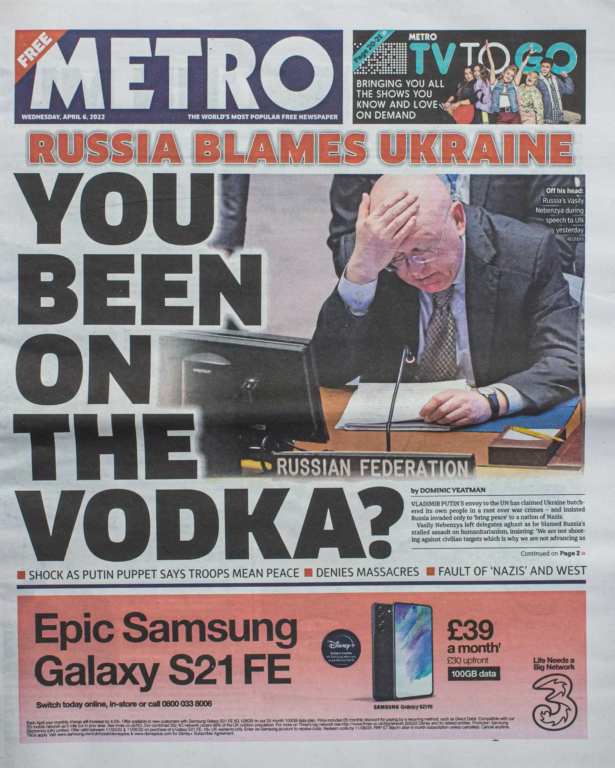 Front page of the Metro newspaper from April 6, 2022, with a large headline asking 'YOU BEEN ON THE VODKA?' regarding the Russia-Ukraine conflict, as featured in Matthew Morgan's documentary project.