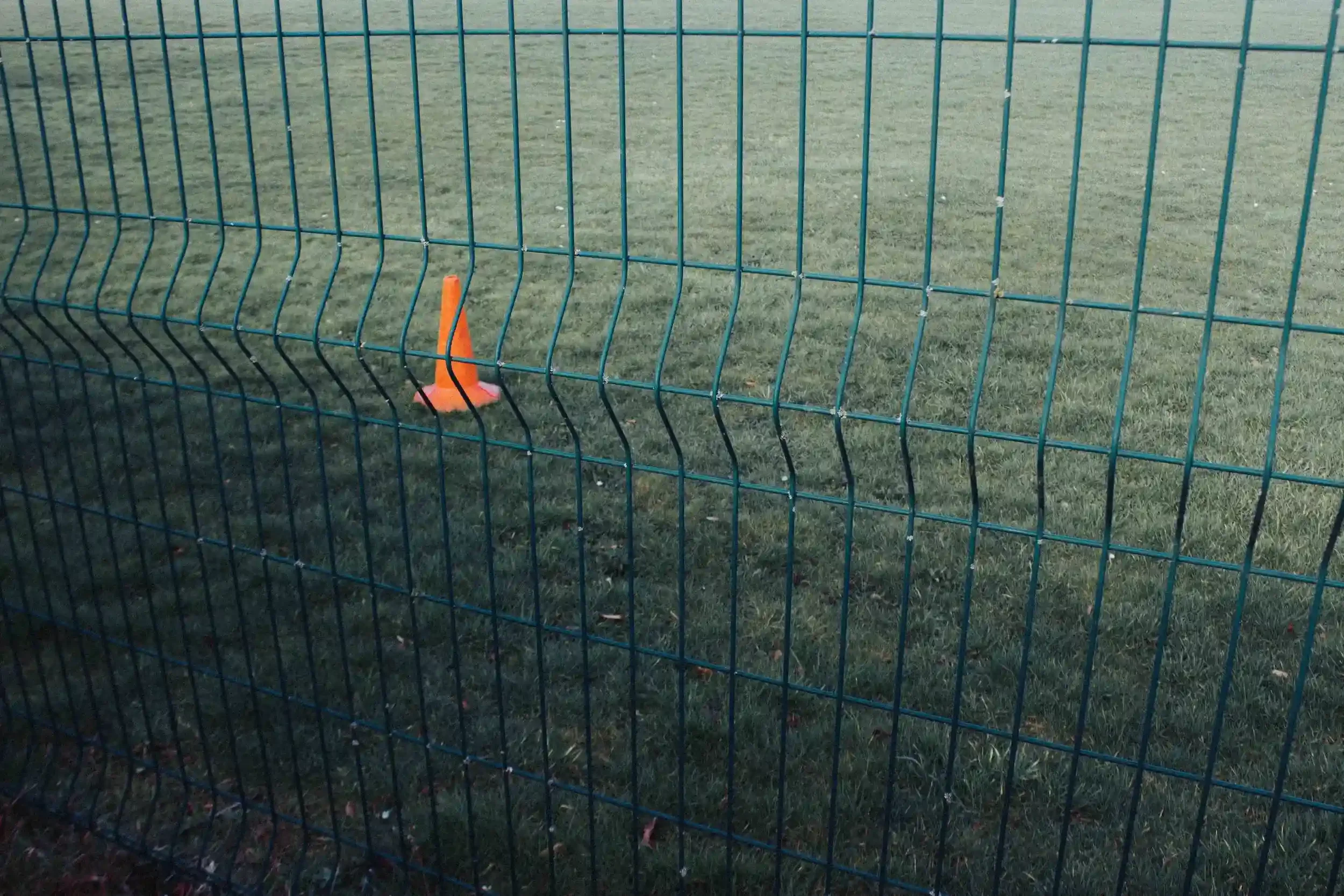 A close-up view through a green vertical metal fence showing a single orange traffic cone sitting alone on a deserted green grass school field during the 2021 lockdown, by Matthew Morgan.