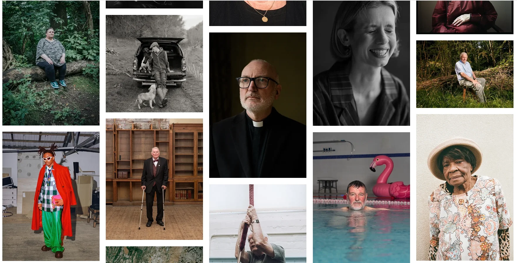 A digital grid of diverse portraits from the British Journal of Photography's Portrait of Britain shortlist. Matthew Morgan's portrait of Peter Bray, an elderly man in a tuxedo with crutches, is positioned in the lower-left section. The surrounding i