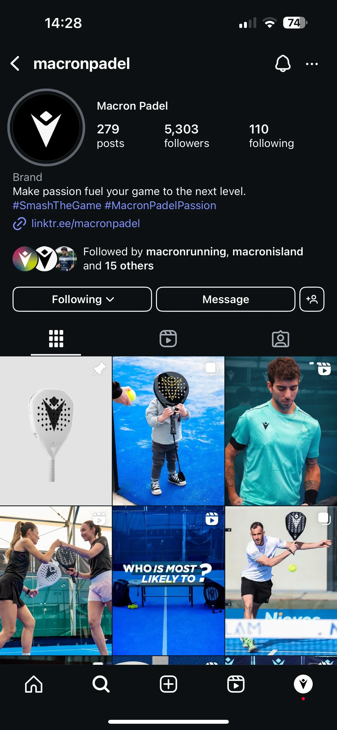 A mobile screenshot of the Macron Padel Instagram page. The profile shows over 5,000 followers and the brand slogan 'Make passion fuel your game to the next level.' The post grid features Matthew Morgan’s 'Next Gen' photography prominently, including