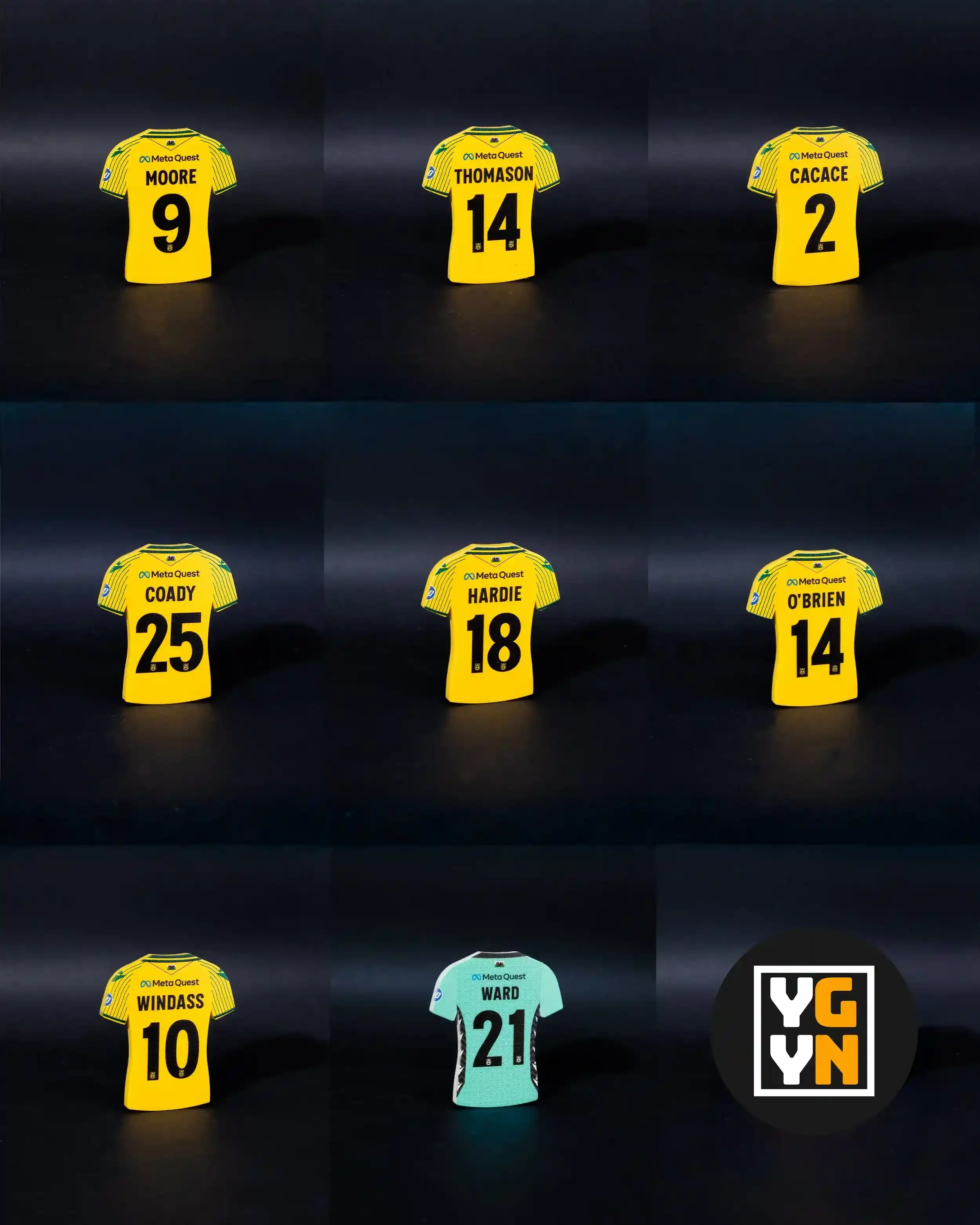 A grid-style composite image showing nine individual tactical magnets by Your Game Your Name. Eight of the magnets are yellow Wrexham AFC away jerseys featuring black names and numbers for players such as Moore, Thomason, Cacace, Coady, Hardie, O'Bri
