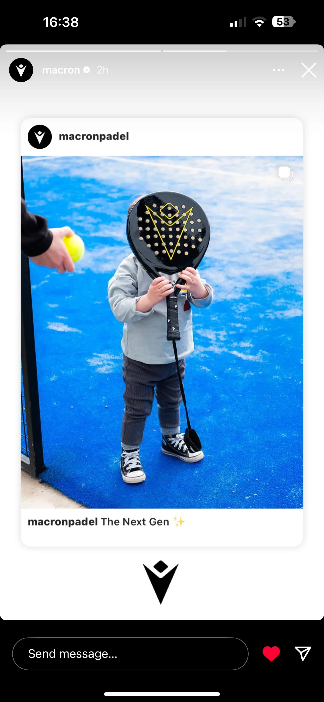 A screenshot of an Instagram Story from the official verified 'macron' account. It features a repost of a 'macronpadel' post showing a young child holding a black and yellow padel racket over their face on a bright blue court. The caption reads 'The 