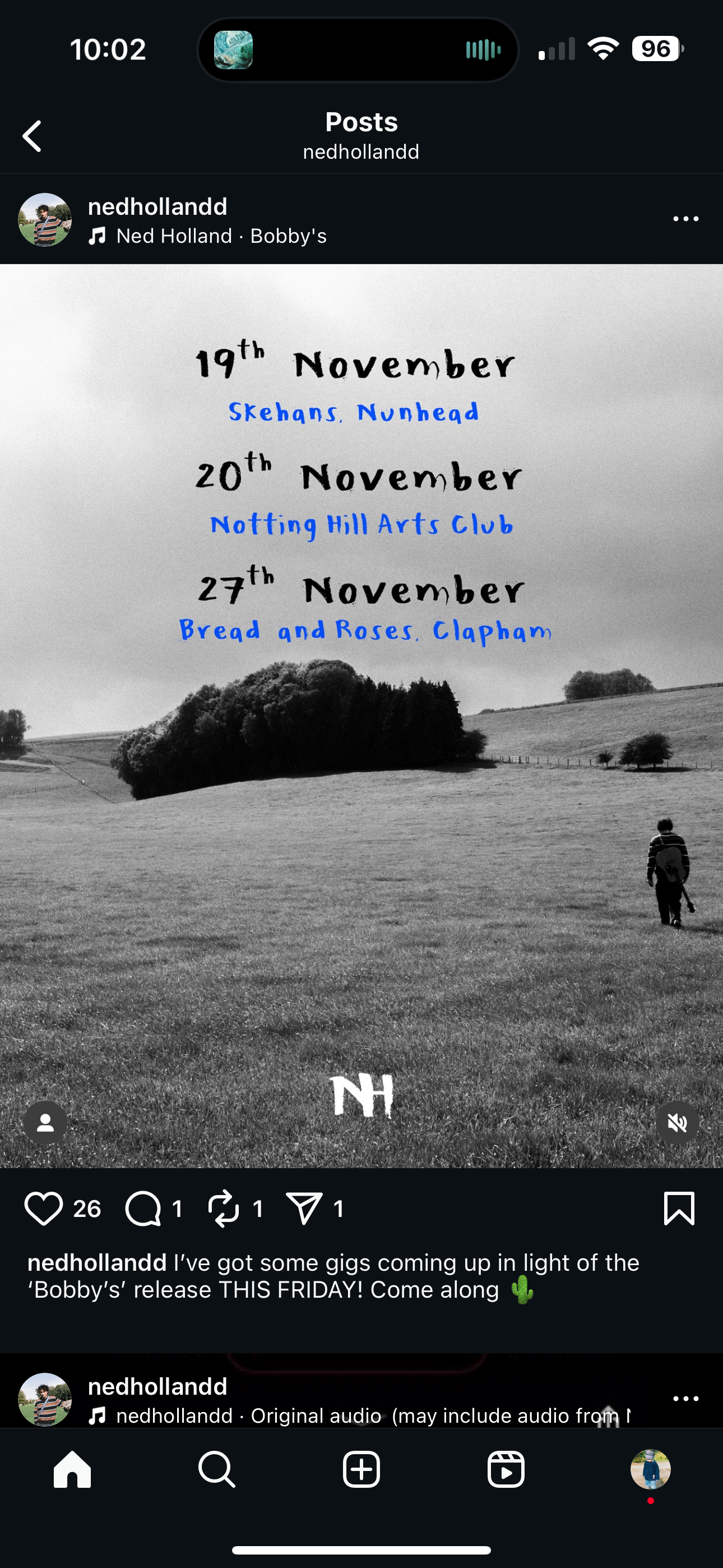 Black and white photo of a grassy field with a person walking towards a cluster of trees in the distance. Overlaid text lists three event dates and locations in blue and black font.