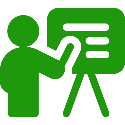 Green silhouette of a person pointing at a presentation board with lines of text.