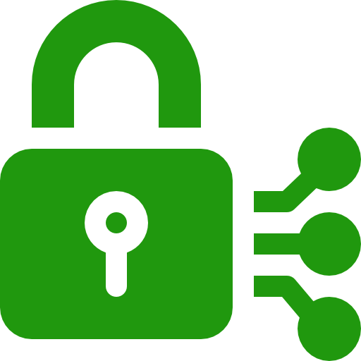 Green lock icon with connected circuit lines on a black background.