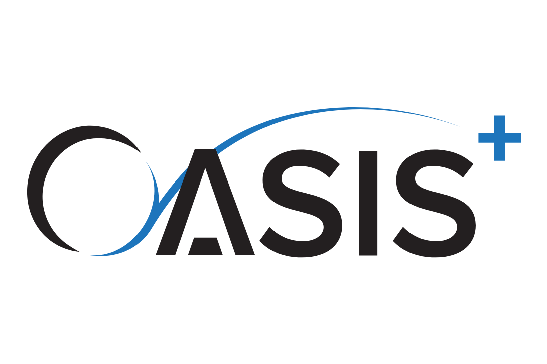 Oasis+ logo with stylized text and a crescent shape.