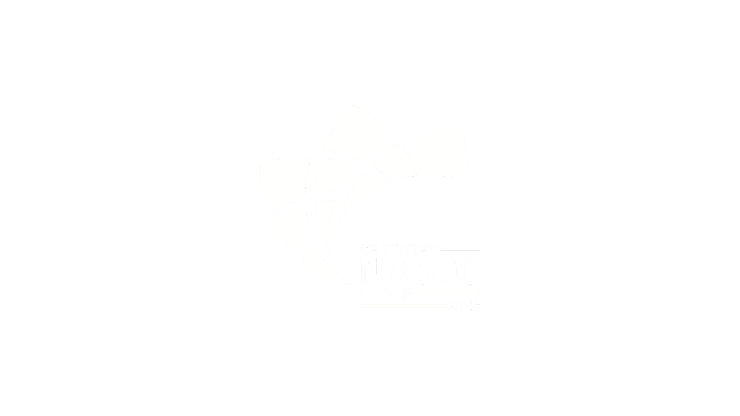 Black background with a white geometric logo and text reading 'Certified NMSDC MBE 2024'.