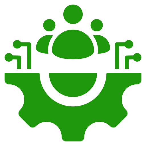 Green icon of a person with three smaller figures, connected to a gear, representing teamwork or collaboration.