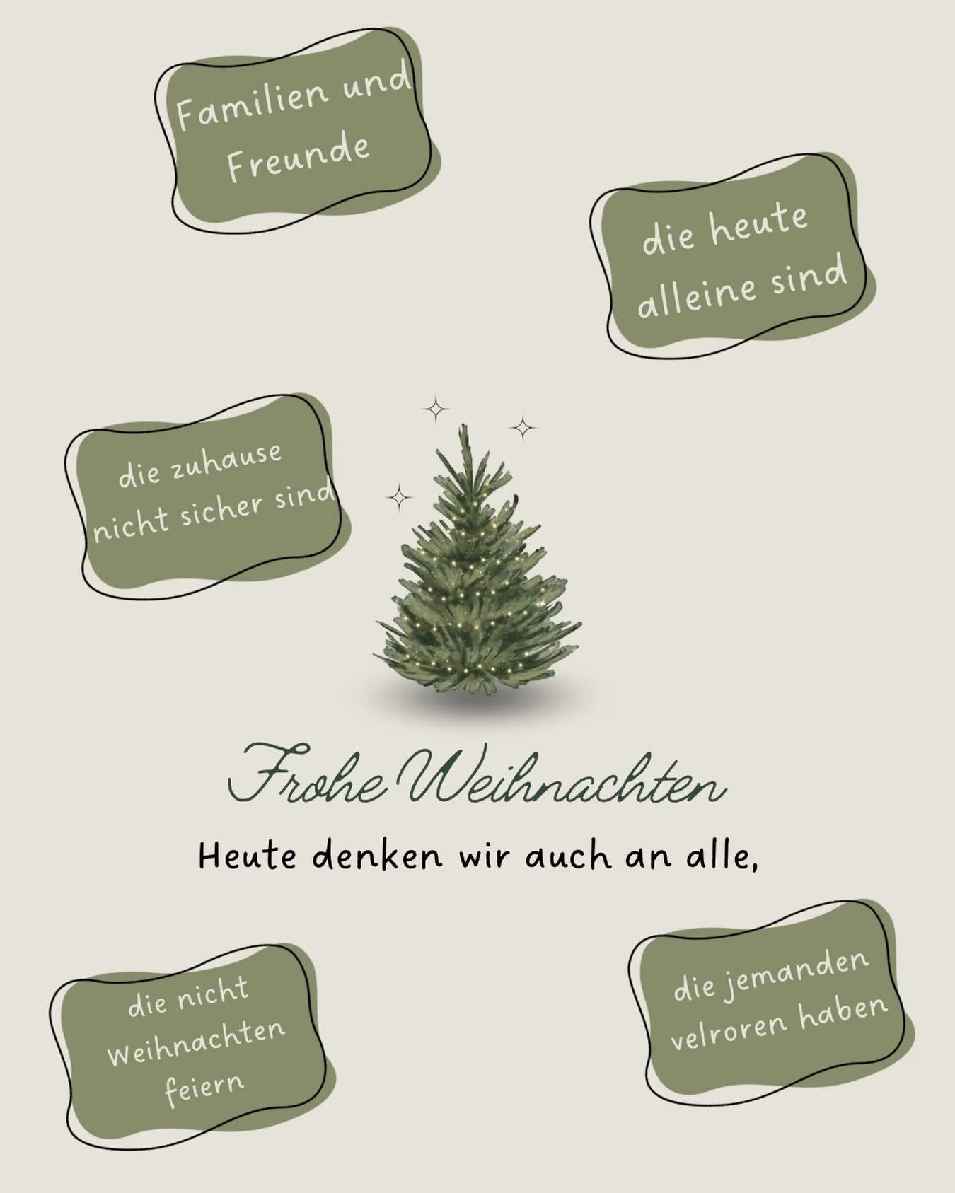 Frohe Weihnachten 🎄 

Heute denken wir auch an alle Menschen, f&uuml;r die Weihnachten nicht (nur) ein Fest der Freude ist. 
Wenn ihr so jemanden kennt, lasst sie wissen, dass ihr in Gedanken bei ihnen seid. Weihnachten ist das Fest der Liebe, lasst