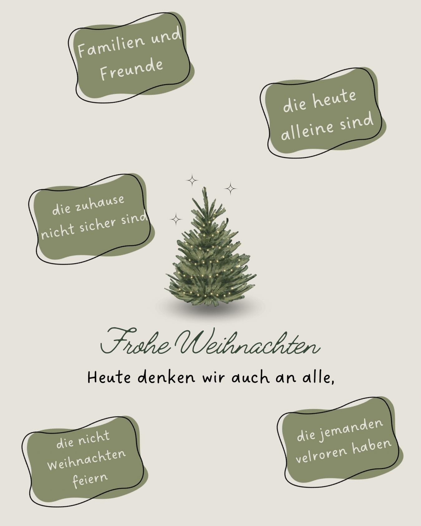Frohe Weihnachten 🎄 

Heute denken wir auch an alle Menschen, f&uuml;r die Weihnachten nicht (nur) ein Fest der Freude ist. 
Wenn ihr so jemanden kennt, lasst sie wissen, dass ihr in Gedanken bei ihnen seid. Weihnachten ist das Fest der Liebe, lasst