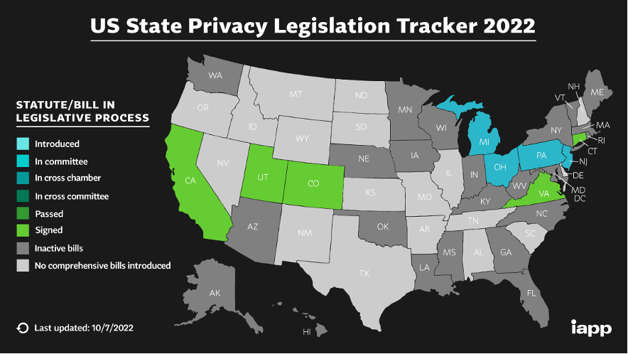 Map tracking U.S. state privacy legislation in 2022